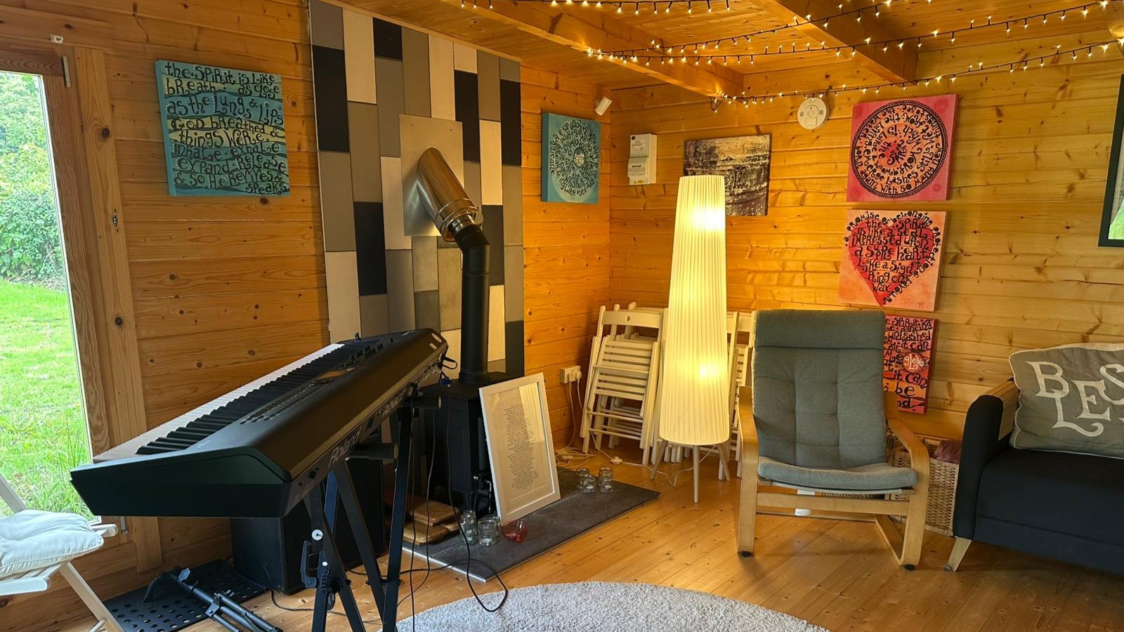 shepherd's hut interior shot piano